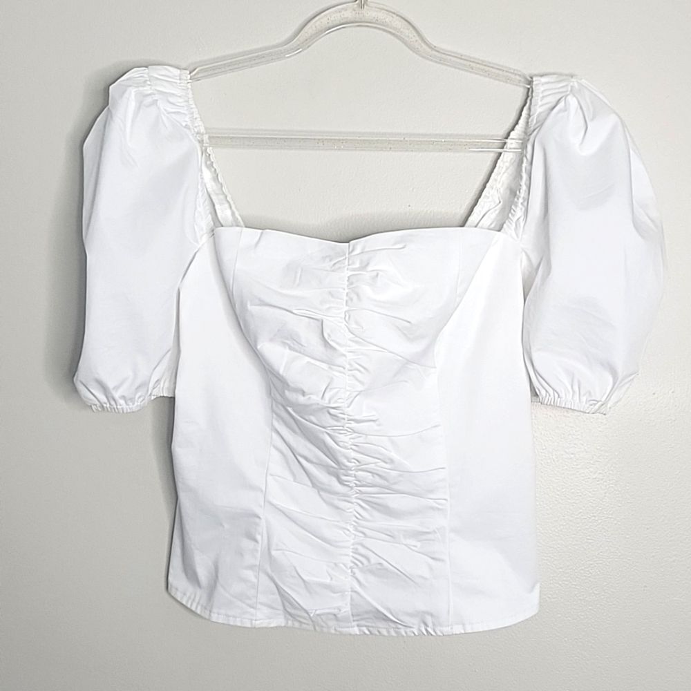NWT Commense White 3/4 Puff Sleeve Crop Top Cottagecore Blouse Size Med…
